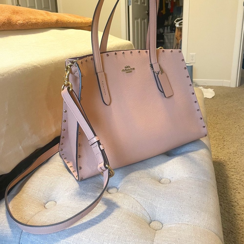 Leather Light Pink Studded Coach Handbag, Medium size